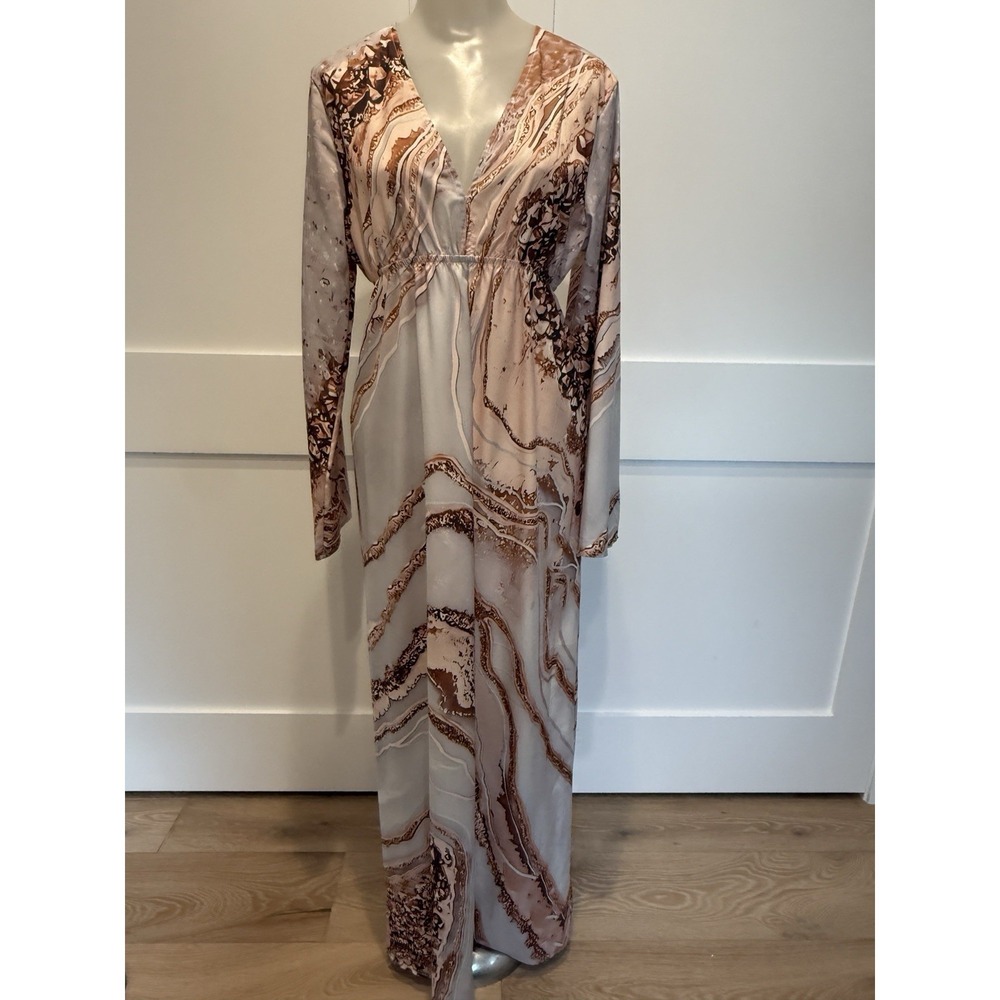 Long‎ V-Neck Marble Print Elastic Empire Waist Beach Maxi Dress Size Medium